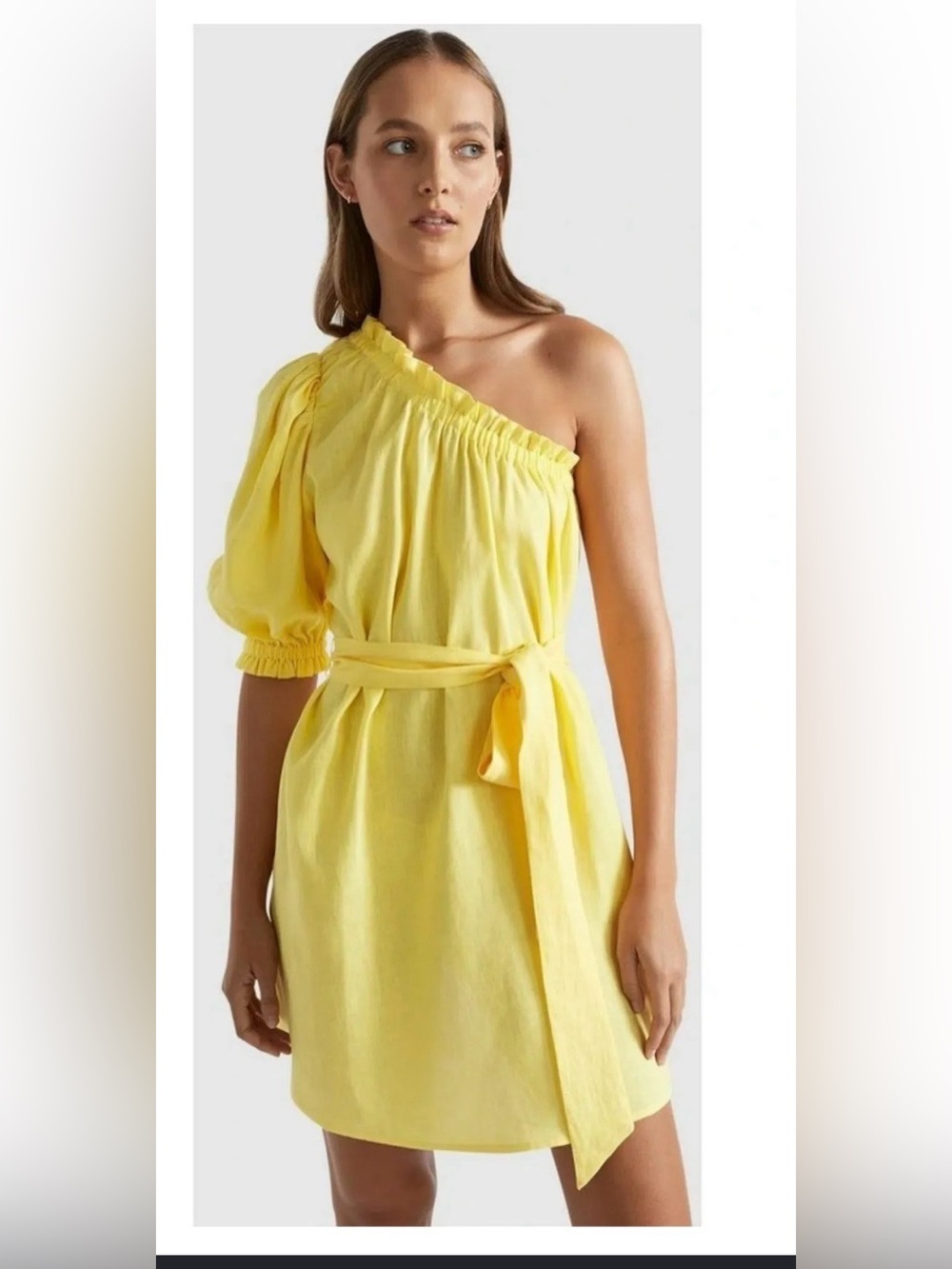 One-Shoulder Yellow Tie-Waist Mini Dress
